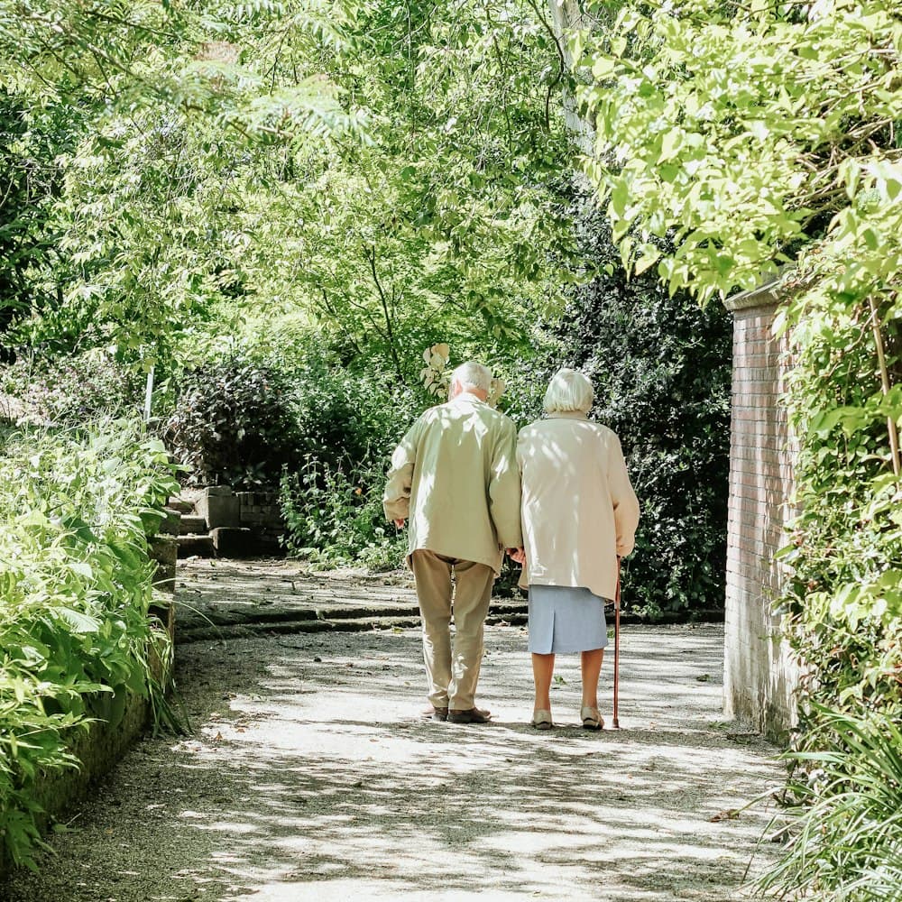 An older couple walking together along a leafy garden path